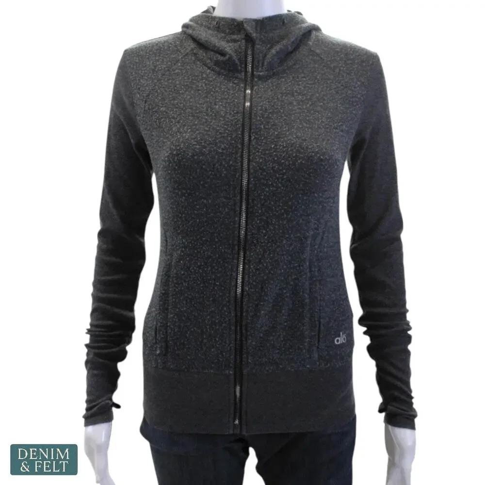 Alo Yoga Ribbed Sleeve Full Zip‎ Performance Hoodie Zipper Pockets Heather Gray